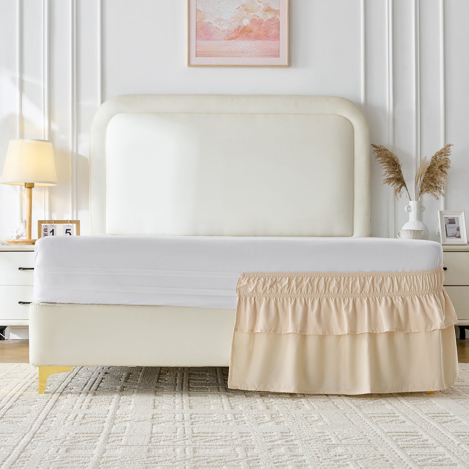 Wrap around elastic bed skirt with modern dust ruffle design for multiple bed sizes