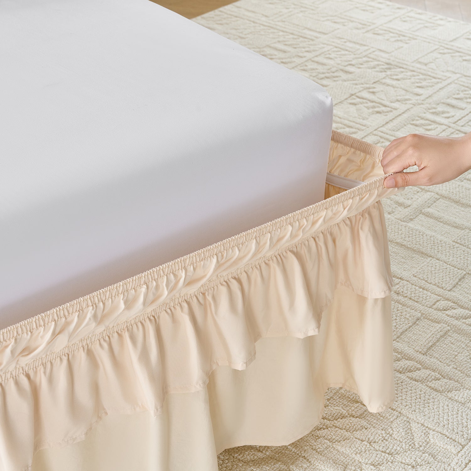 Wrap around elastic bed skirt with modern dust ruffle design for multiple bed sizes