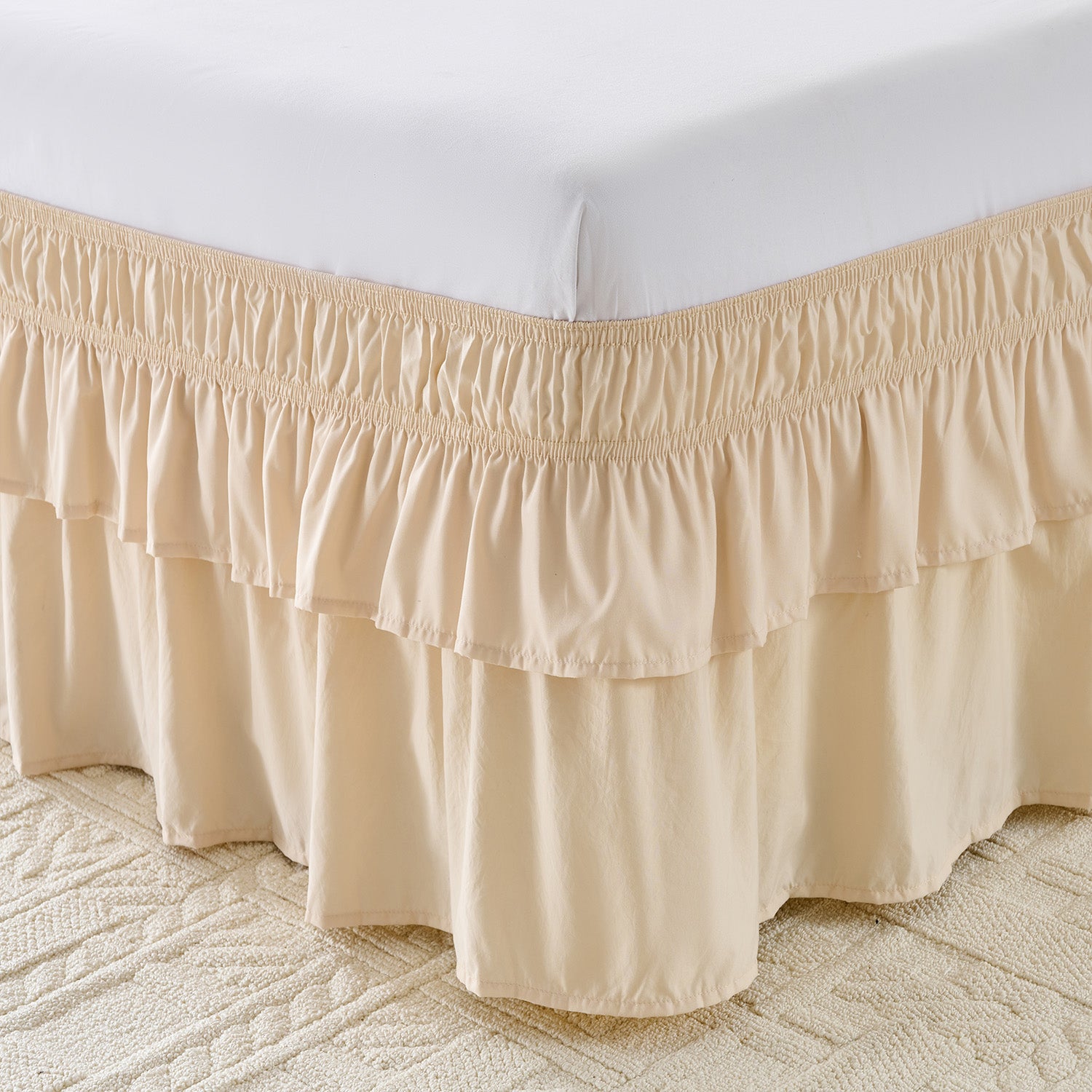 Wrap around elastic bed skirt with modern dust ruffle design for multiple bed sizes