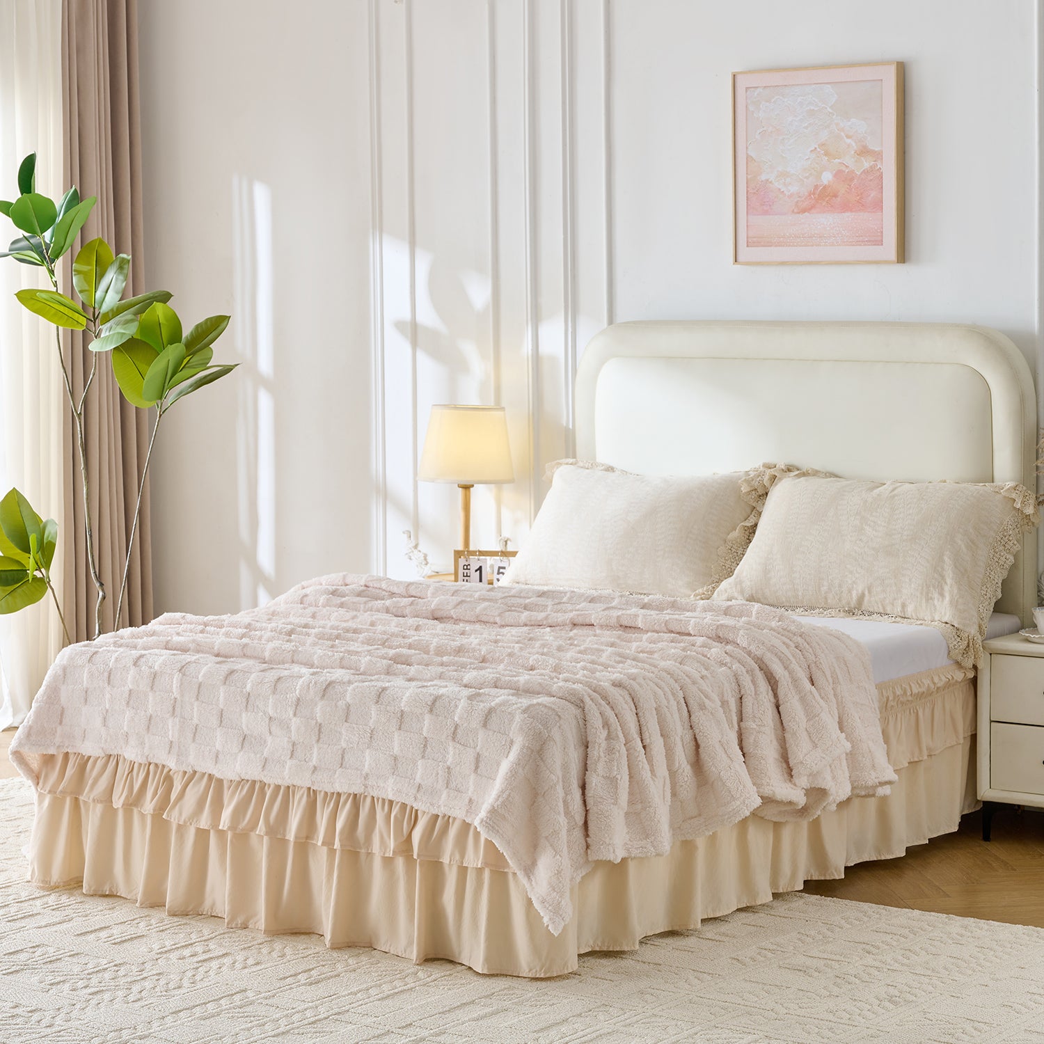 Wrap around elastic bed skirt with modern dust ruffle design for multiple bed sizes
