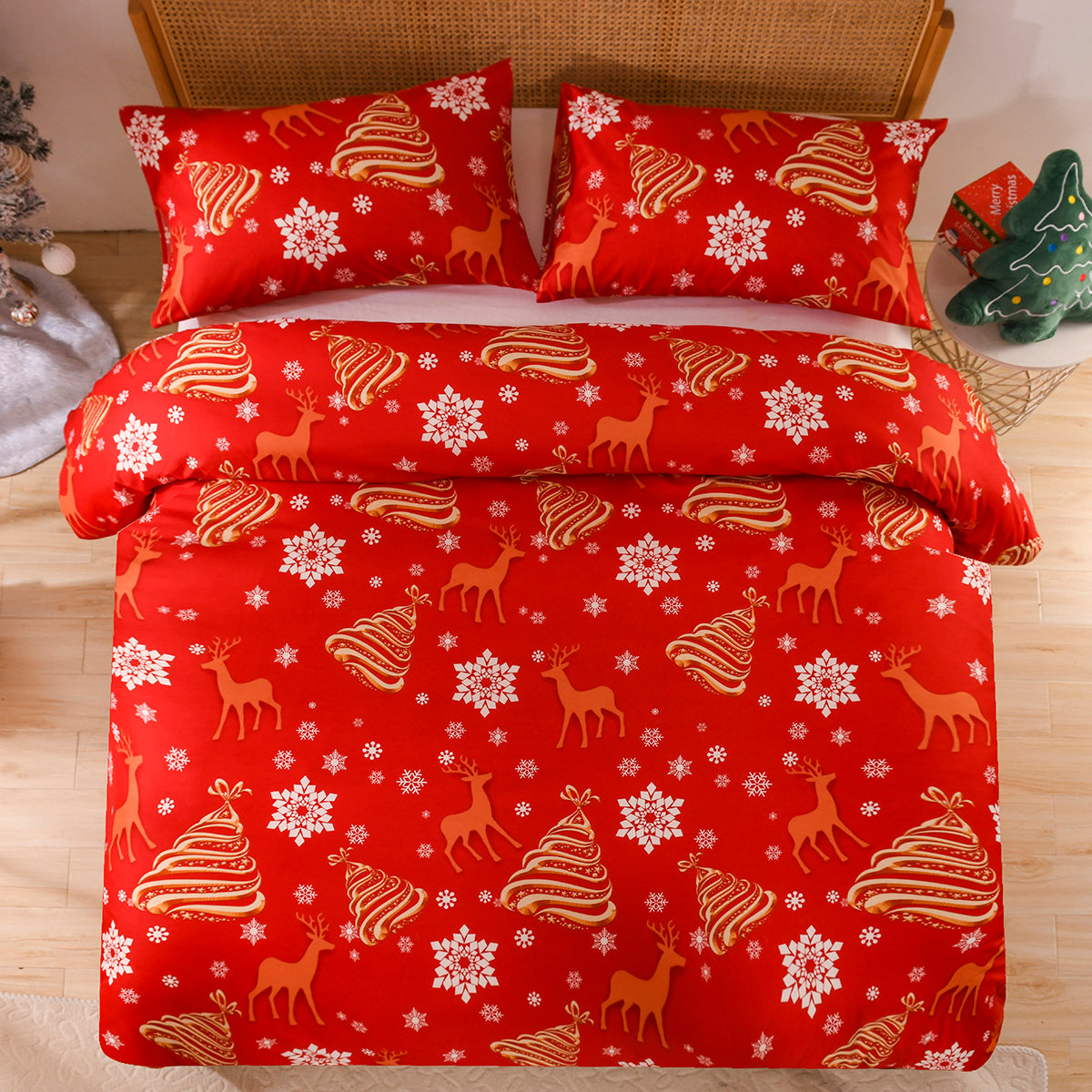 Boho style quilt bedspread set with pastel botanical prints and four pillow shams