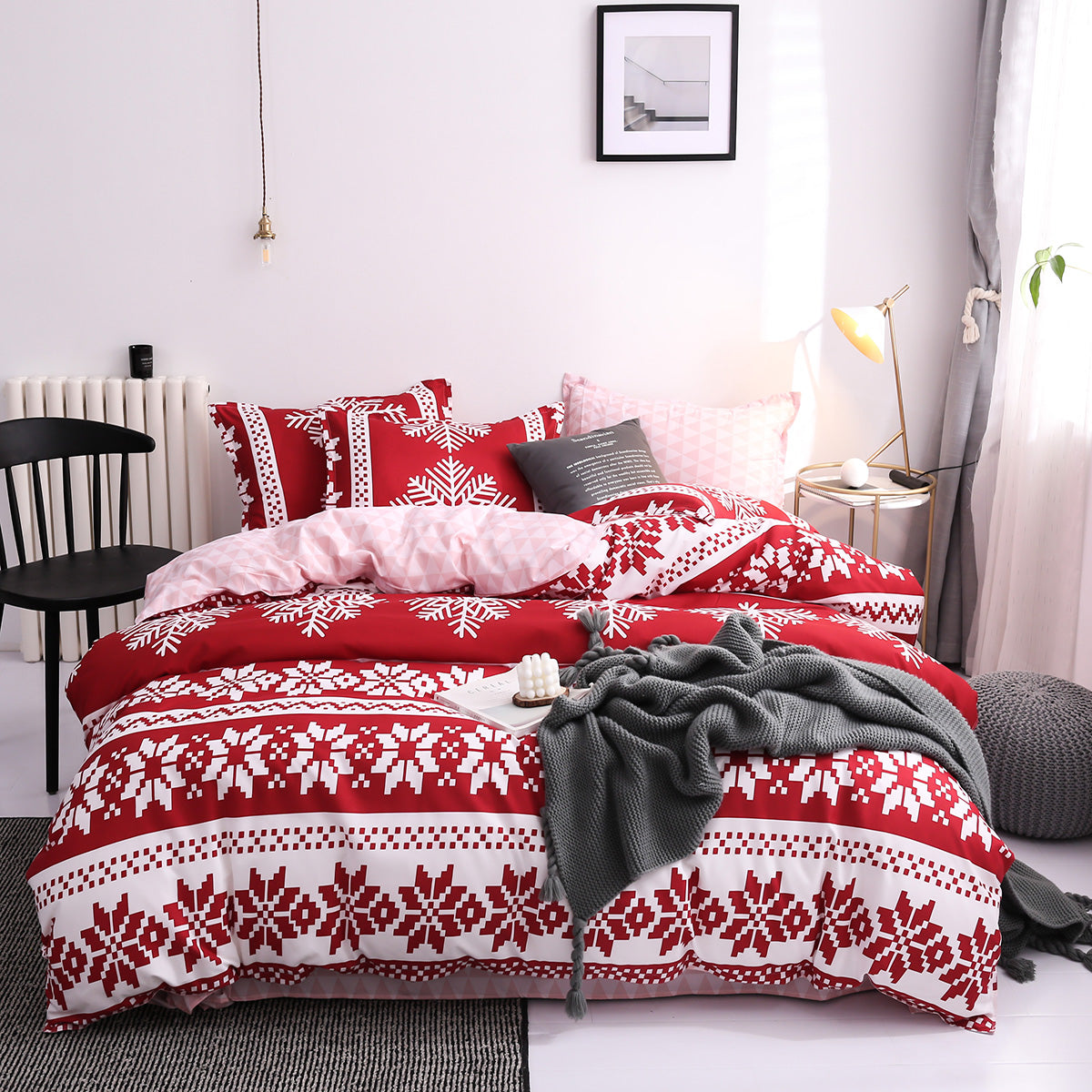 Boho style quilt bedspread set with pastel botanical prints and four pillow shams