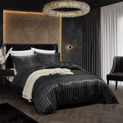 Satin stripe bedding set with duvet cover and two pillowcases silk-like texture