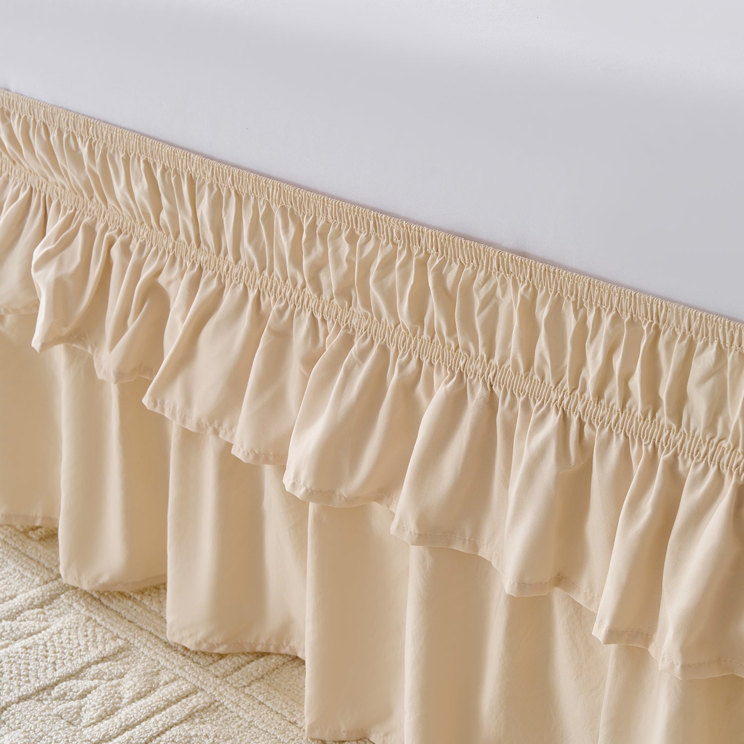 Wrap around elastic bed skirt with modern dust ruffle design for multiple bed sizes