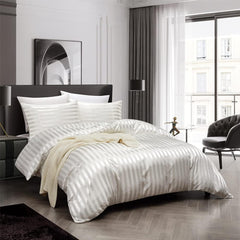 Satin stripe bedding set with duvet cover and two pillowcases silk-like texture