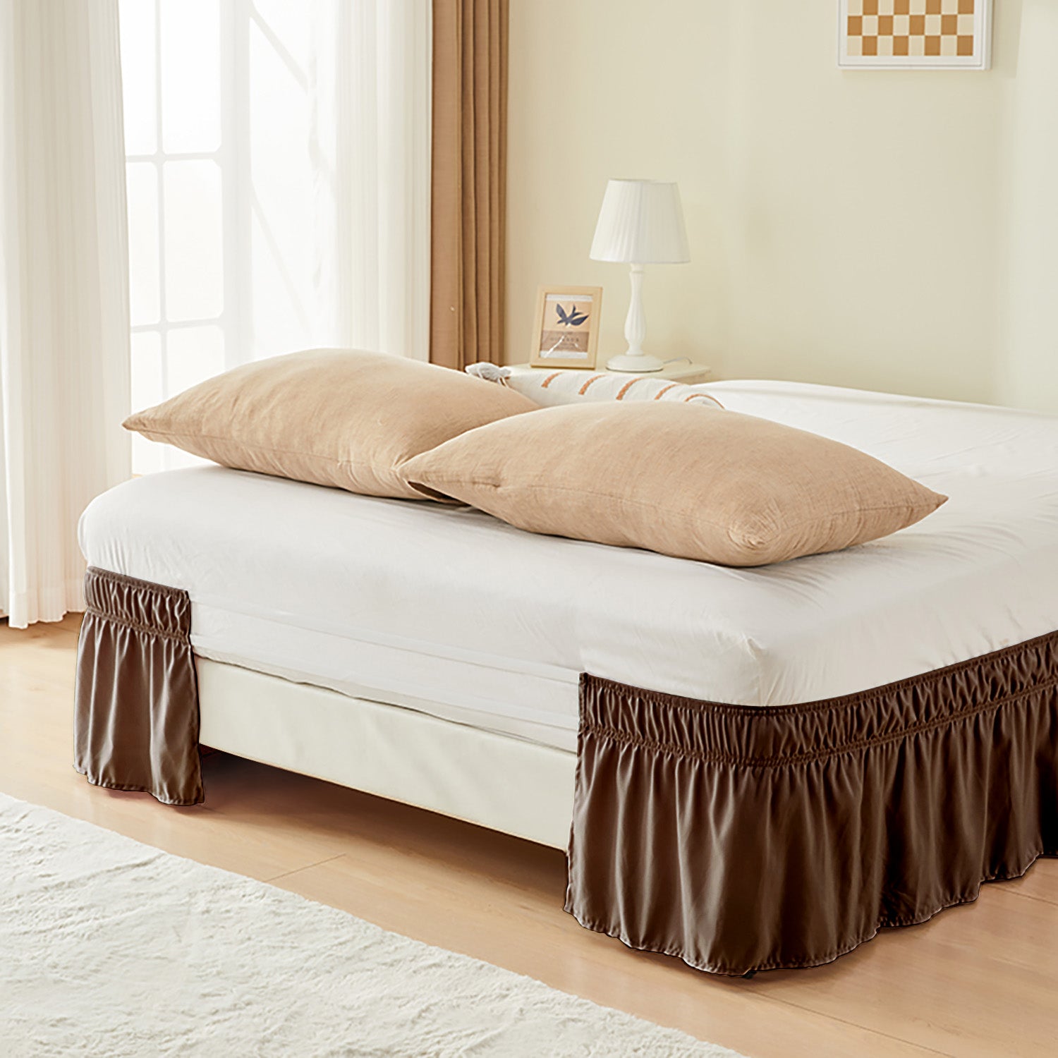 Double elastic bed skirt with 15 inch drop and elegant ruffle design