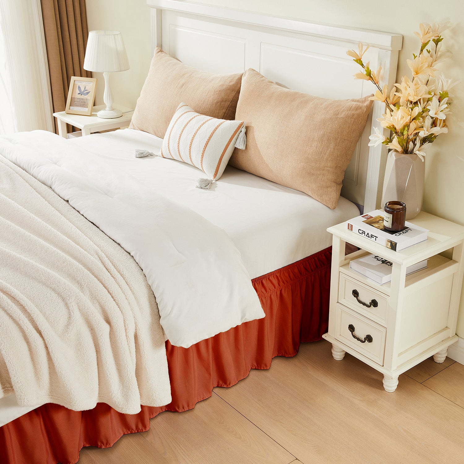 Double elastic bed skirt with 15 inch drop and elegant ruffle design
