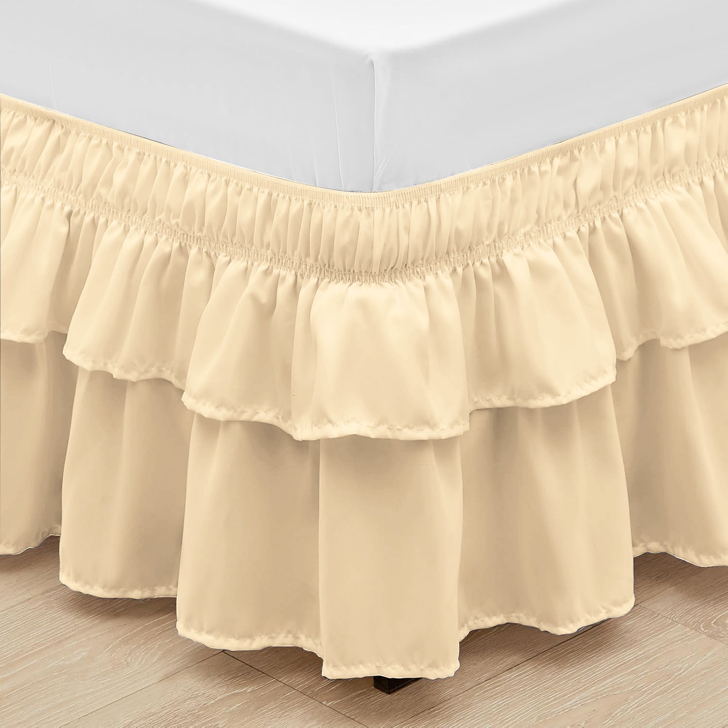 Wrap around elastic bed skirt with modern dust ruffle design for multiple bed sizes