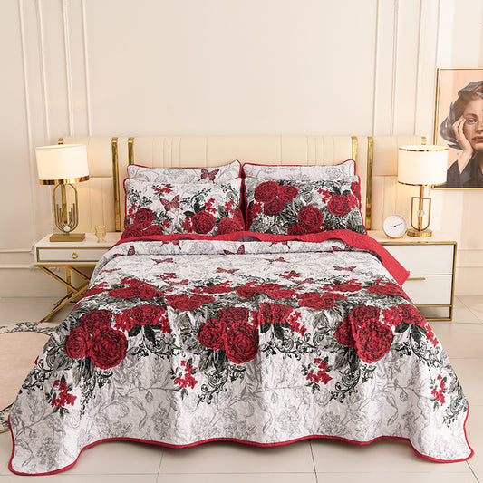 Red floral quilt bedspread set with reversible rose pattern for Queen and King beds