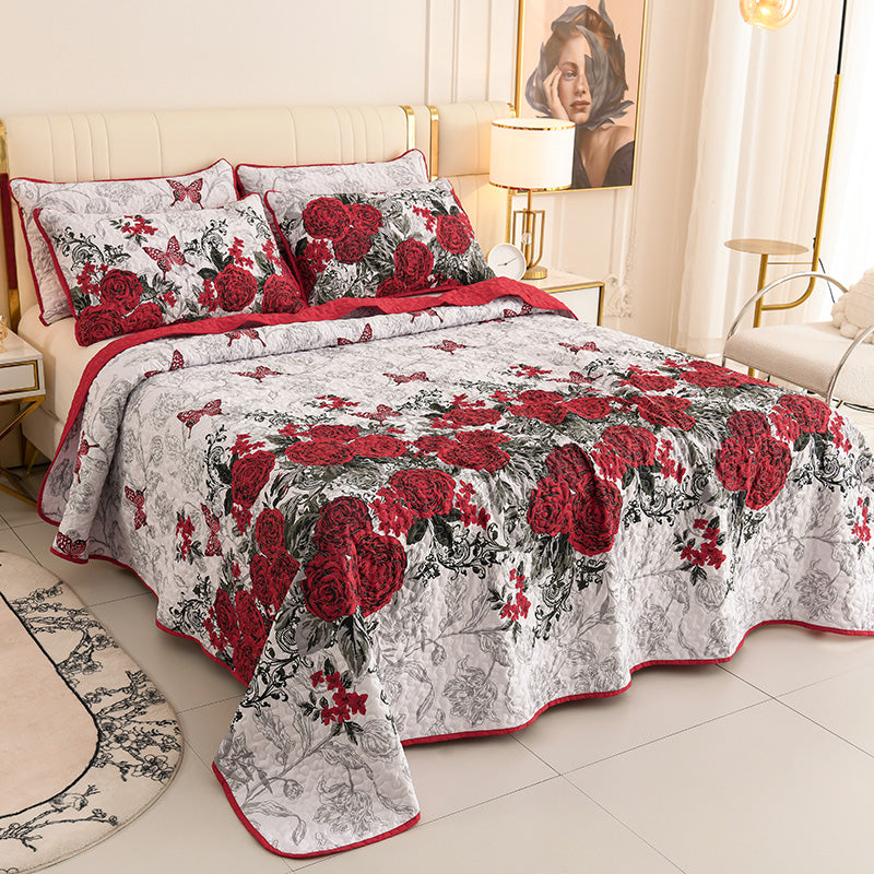Red floral quilt bedspread set with reversible rose pattern for Queen and King beds