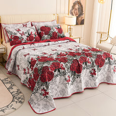 Red floral quilt bedspread set with reversible rose pattern for Queen and King beds