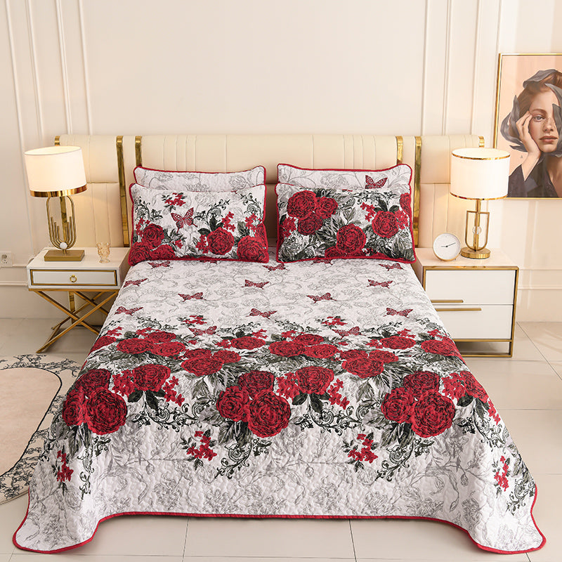 Red floral quilt bedspread set with reversible rose pattern for Queen and King beds