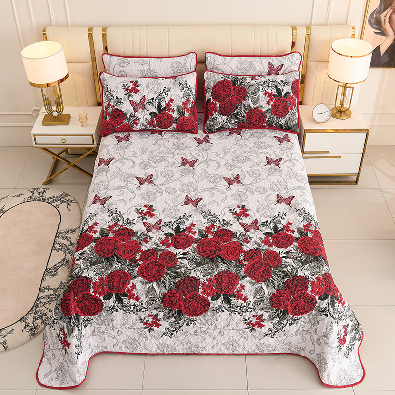 Red floral quilt bedspread set with reversible rose pattern for Queen and King beds