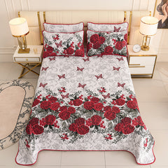 Red floral quilt bedspread set with reversible rose pattern for Queen and King beds