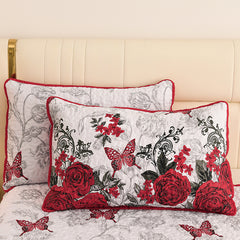 Red floral quilt bedspread set with reversible rose pattern for Queen and King beds