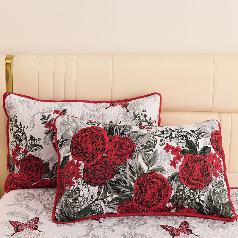 Red floral quilt bedspread set with reversible rose pattern for Queen and King beds