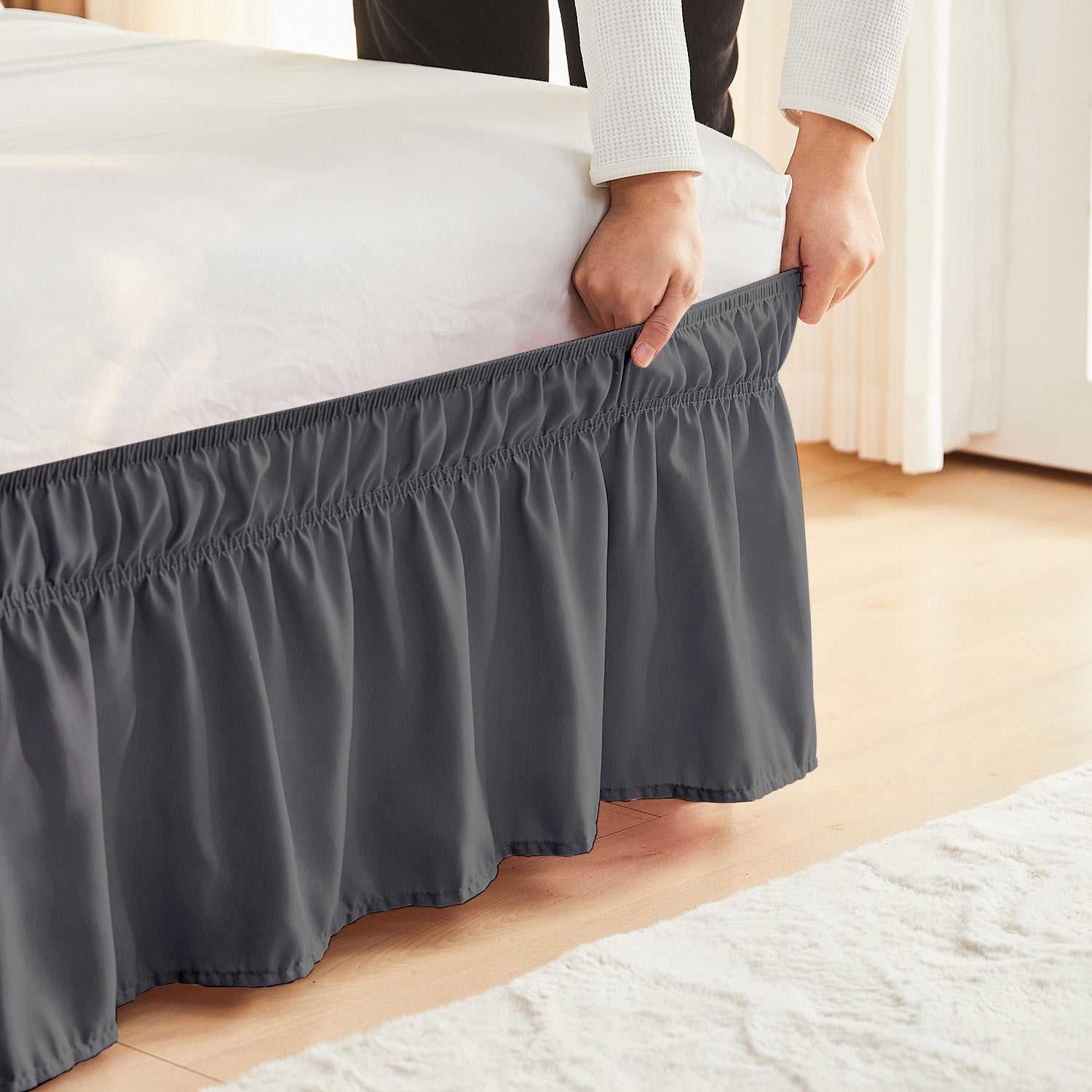 Double elastic bed skirt with 15 inch drop and elegant ruffle design
