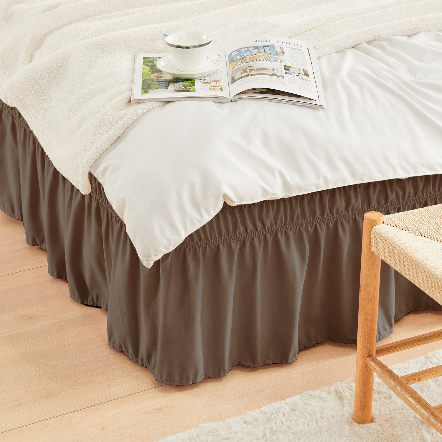 Double elastic bed skirt with 15 inch drop and elegant ruffle design