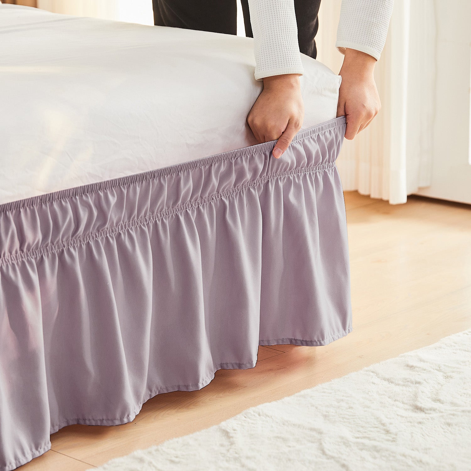 Double elastic bed skirt with 15 inch drop and elegant ruffle design
