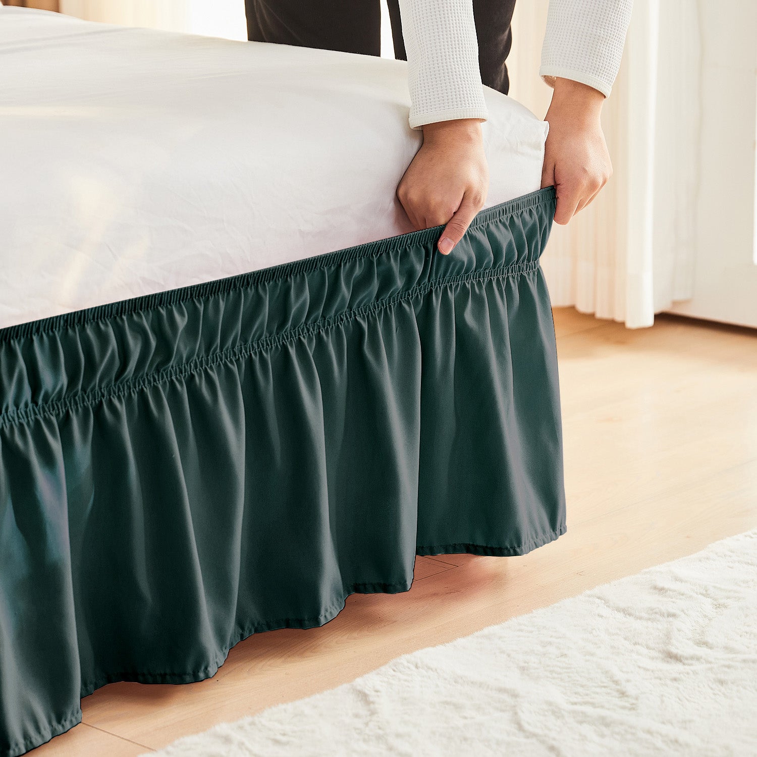 Double elastic bed skirt with 15 inch drop and elegant ruffle design