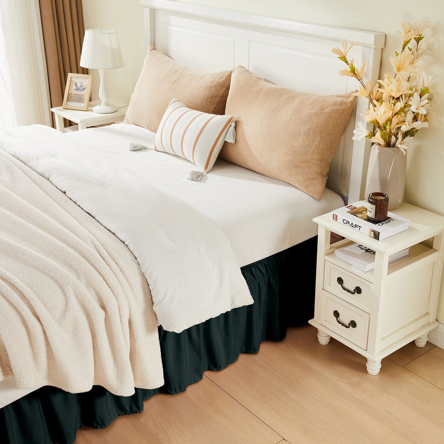 Double elastic bed skirt with 15 inch drop and elegant ruffle design