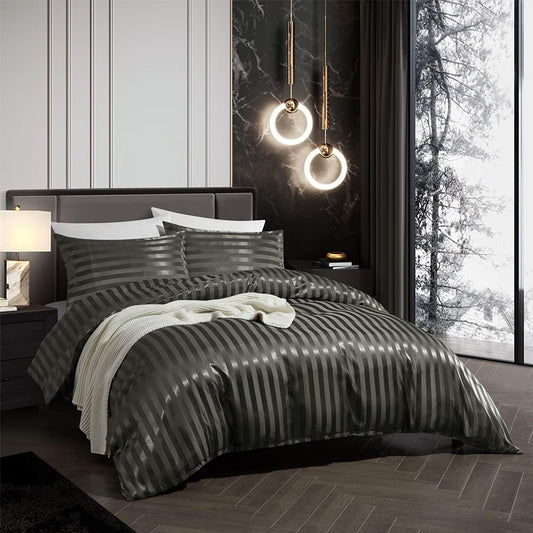 Satin stripe bedding set with duvet cover and two pillowcases silk-like texture