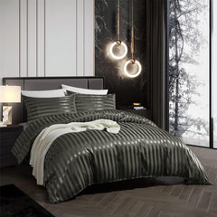 Satin stripe bedding set with duvet cover and two pillowcases silk-like texture