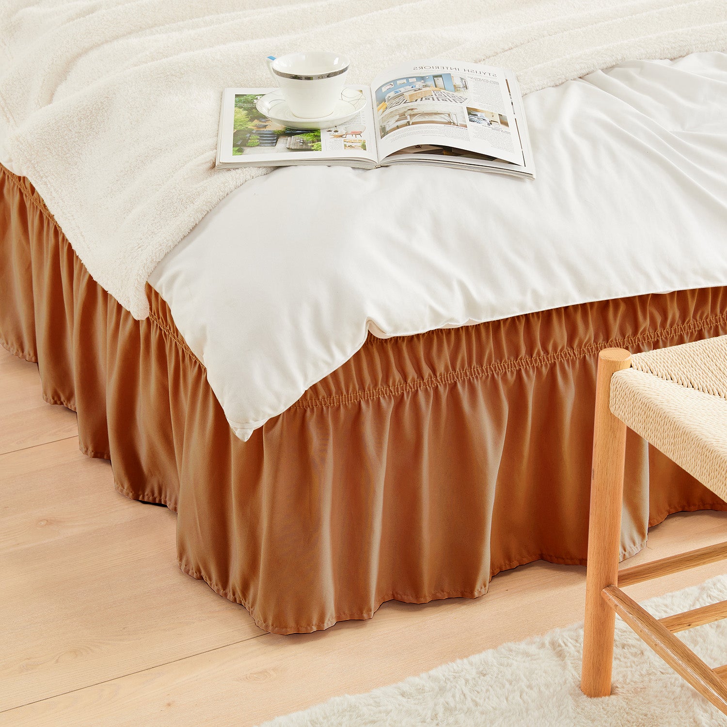 Double elastic bed skirt with 15 inch drop and elegant ruffle design