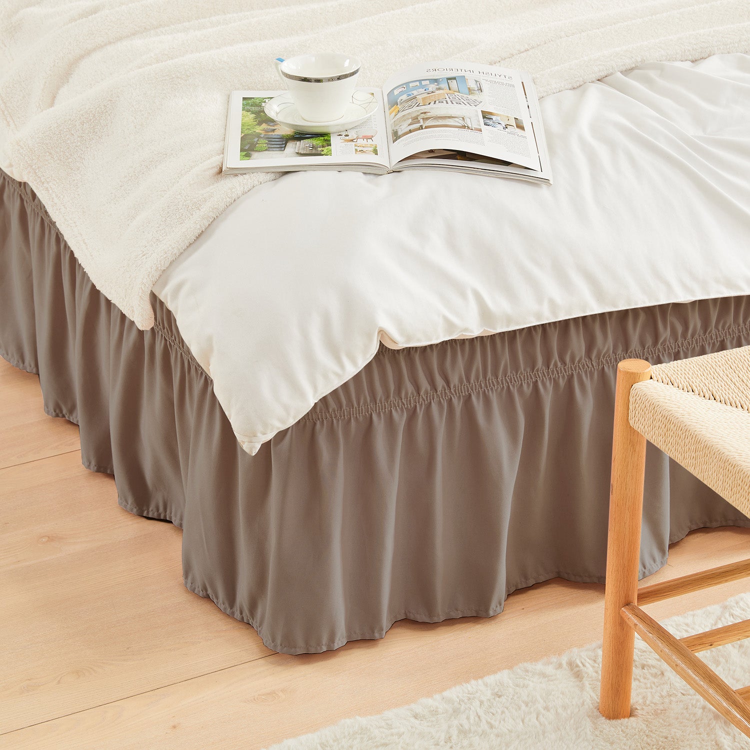 Double elastic bed skirt with 15 inch drop and elegant ruffle design