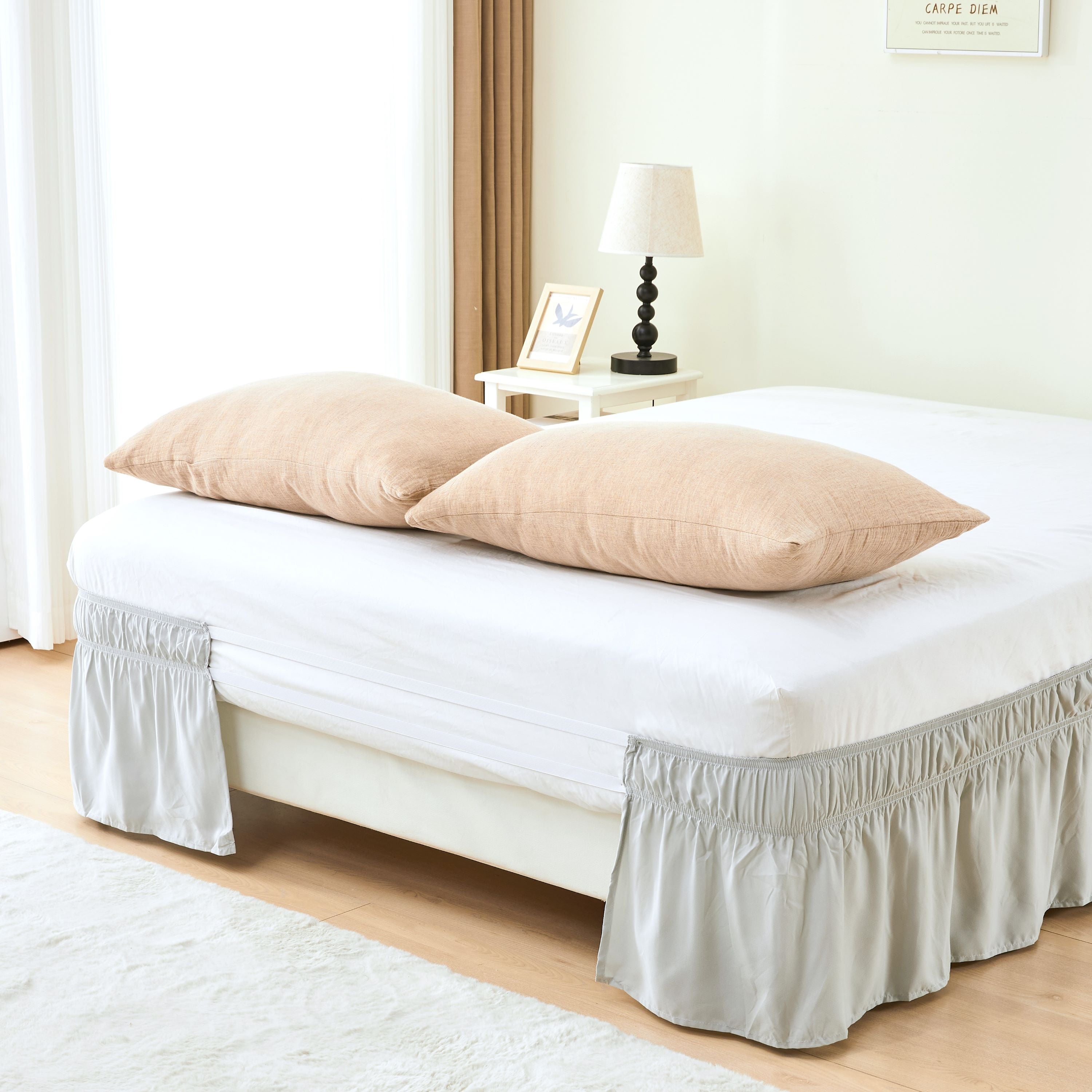 Double elastic bed skirt with 15 inch drop and elegant ruffle design