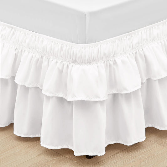 Wrap around elastic bed skirt with modern dust ruffle design for multiple bed sizes