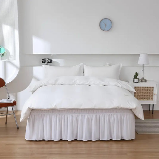 Double elastic bed skirt with 15 inch drop and elegant ruffle design