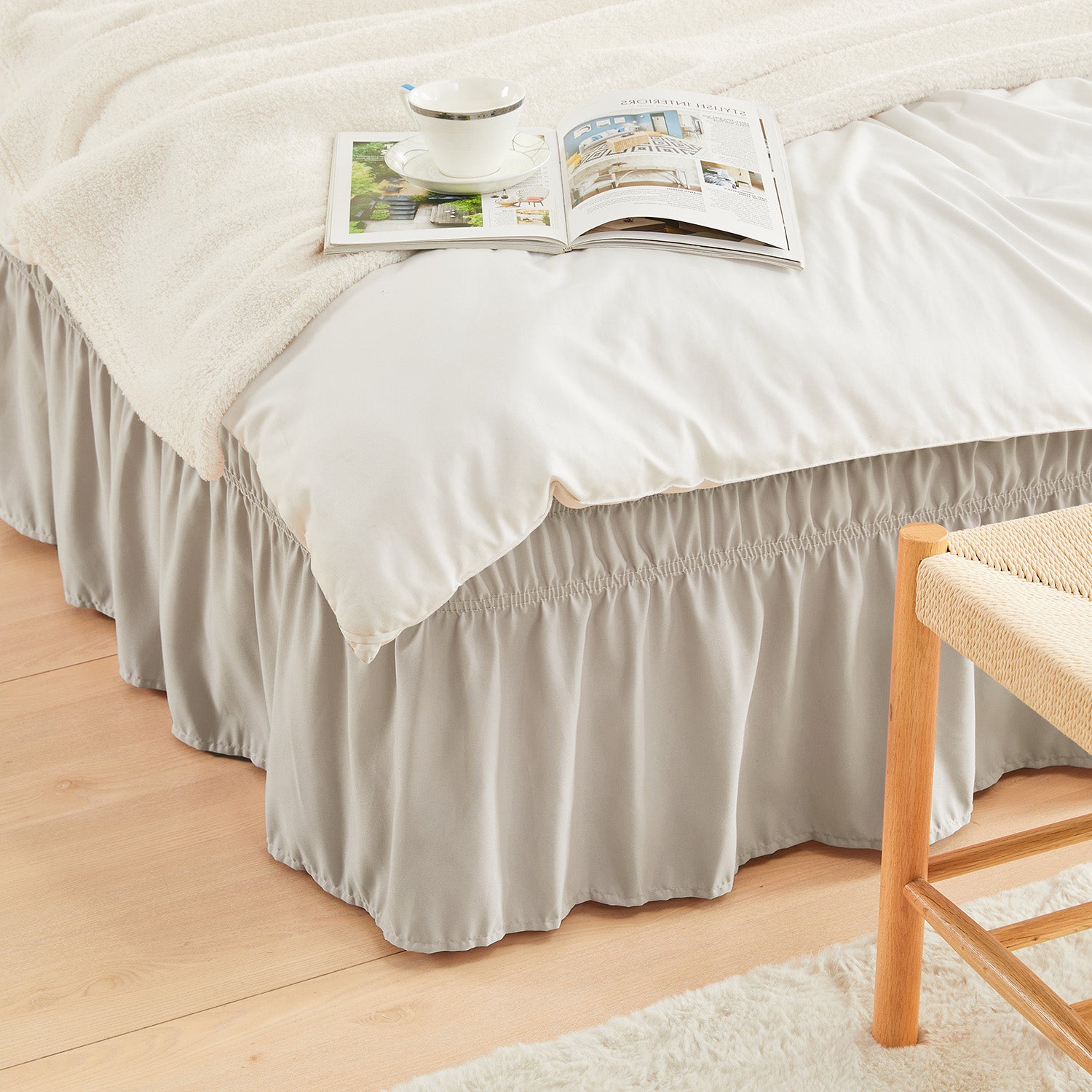 Double elastic bed skirt with 15 inch drop and elegant ruffle design