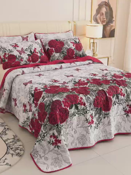 Red Floral Quilt Bedspread 5 PCS Set Queen/King Size
